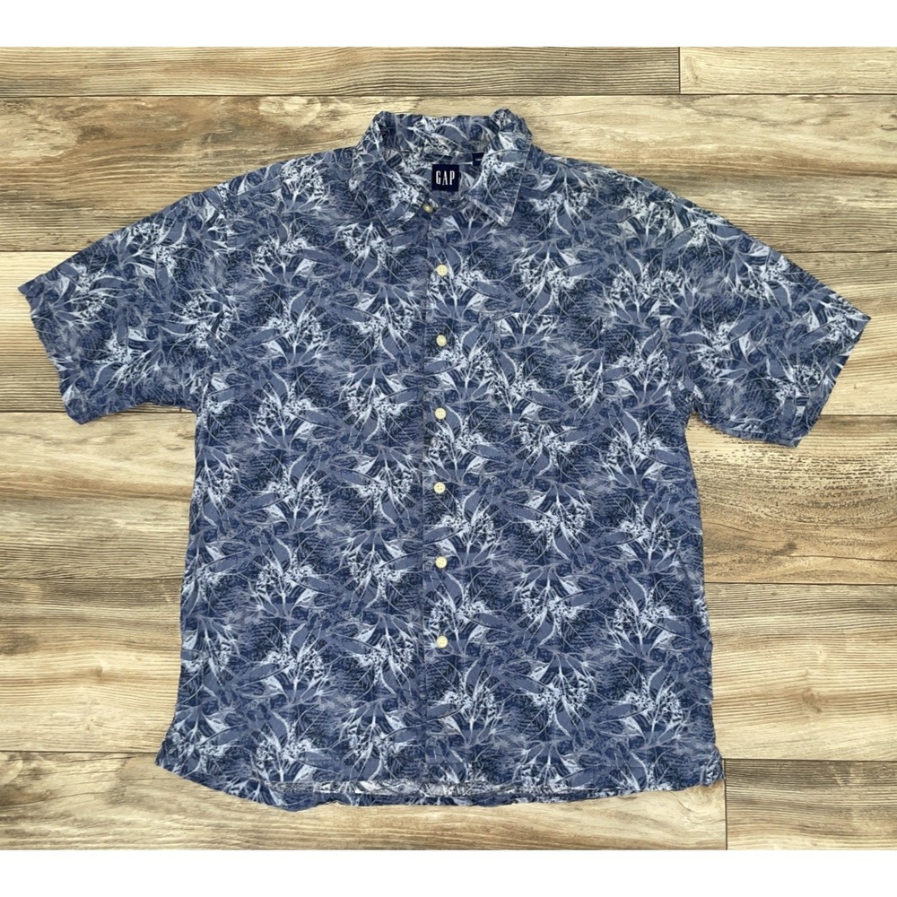 Vintage Gap Blue White Floral Hawaiian Button Down Shirt Men's L Short Sleeve
